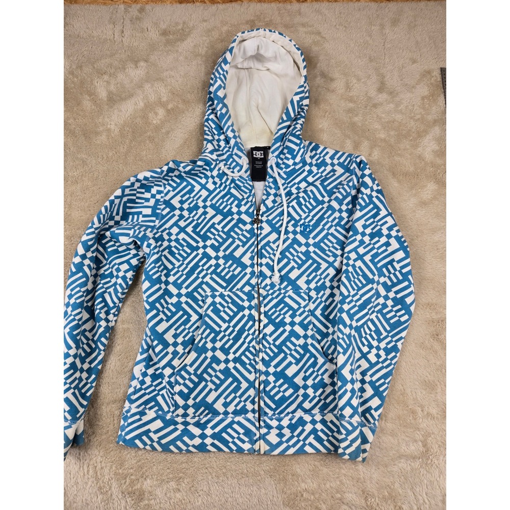 Vintage DC Shoes Graphic Zip Up Hoodie Blue White Geometric Pattern Men's Size S